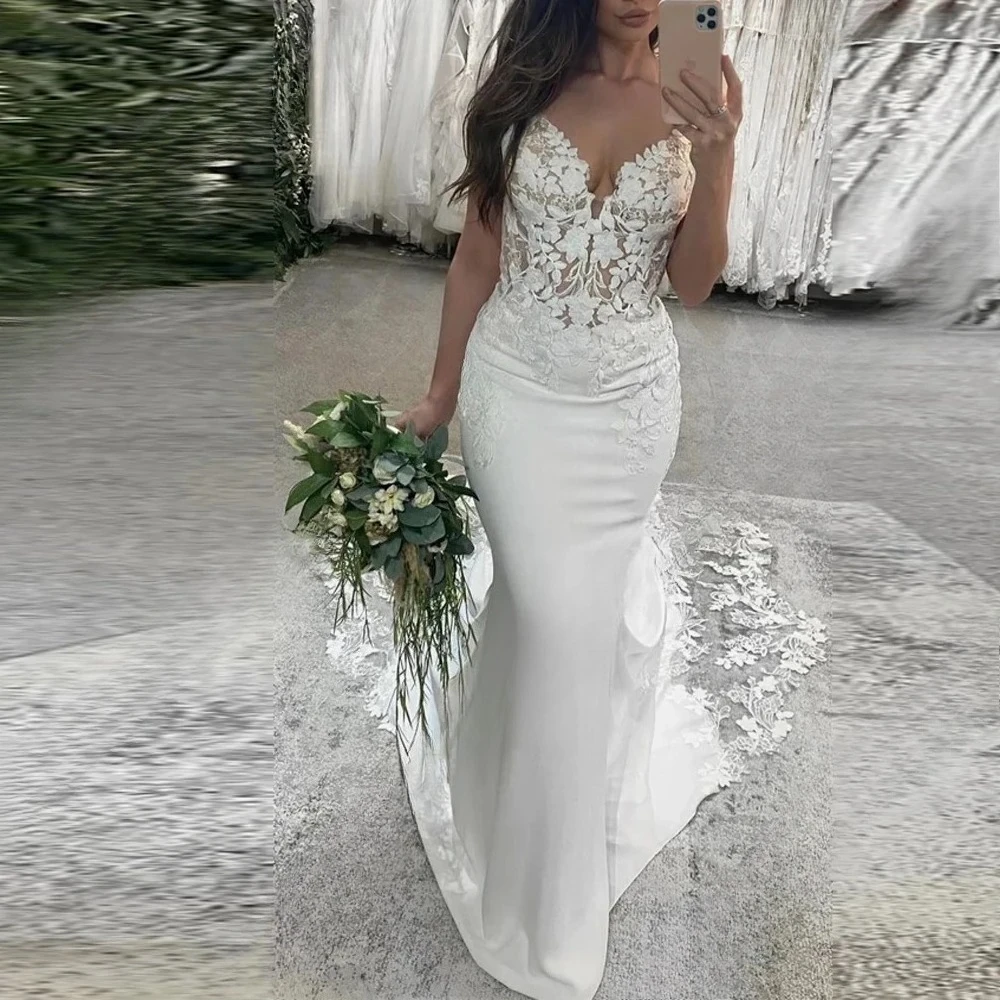 Boho Mermaid Wedding Dresses Sexy V-Neck Lace Appliques Spaghetti Straps Floor Length Bridal Gown Vestido De Novias Customized