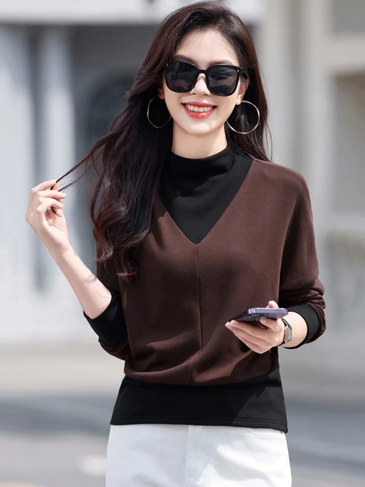 New Women Autumn Winter Basic T-shirt Fashion Half High Collar Batwing Sleeve Loose Bottomming Shirt Casual Contrast Color Tees