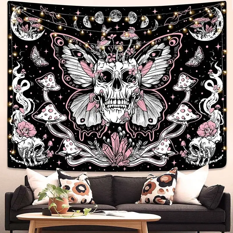 VIKAMA Skull Butterfly Psychedelic Wide Tapestry Hanging for Living Room Wall Art Cozy Aesthetic Warm Unique Home Decor