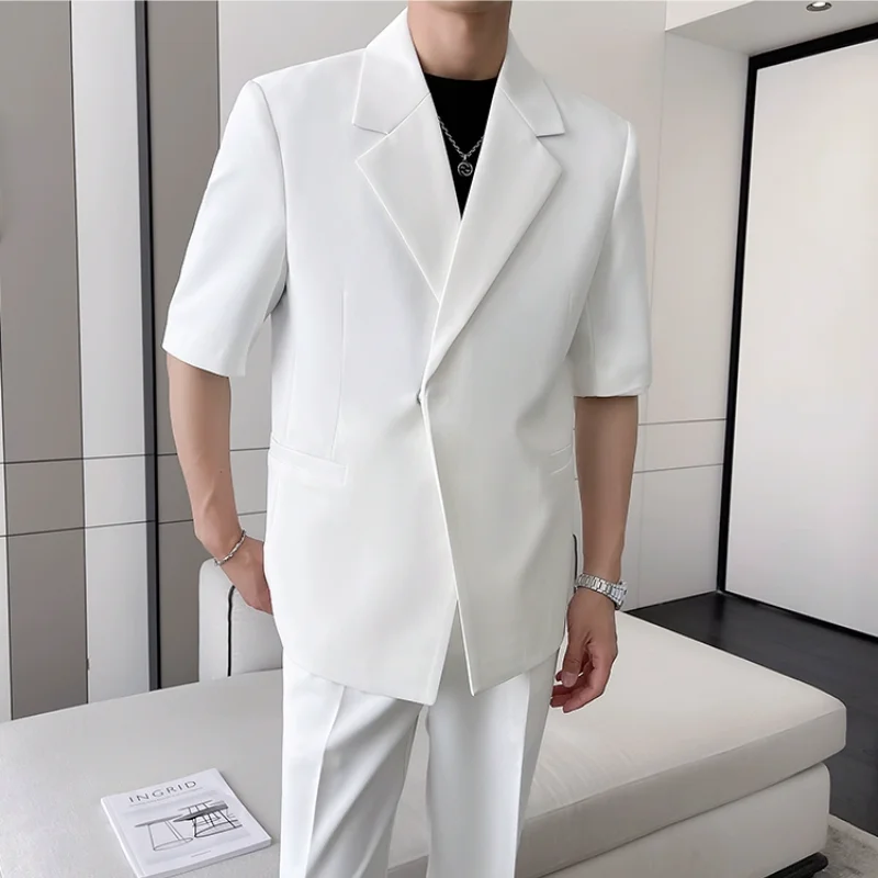 (Jacket+Pant) Summer Men\'s Loose Half Sleeve Suits 2 Piece Fashion Wedding Prom Casual Groom Tuxedo Blazer Suit Set / Gift Belt