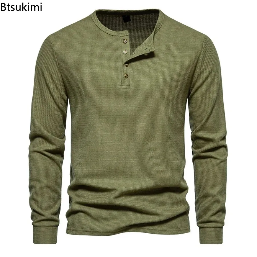 2026 Men's Waffle Solid Casual T-shirts Long Sleeve Henley Shirts Men Basic Breathable Sport Tops Comfy Versatile Bottoming Tees