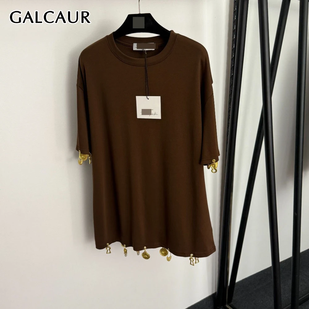 

GALCAUR однотонная шикарная футболка с подвеской на булавке, женская уличная одежда с круглым вырезом и половиной рукава, женские футболки, осенний стиль, модная новинка