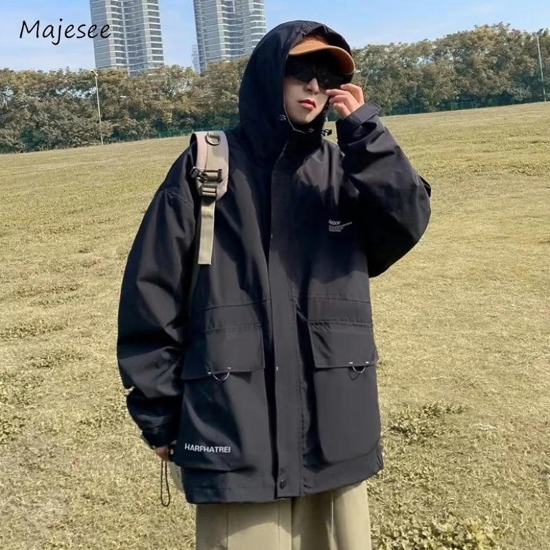 Hooded Jackets Men Autumn Windproof Solid Loose Safari Style Big Pockets Outwear American  Techwear Parachute Simple 2023