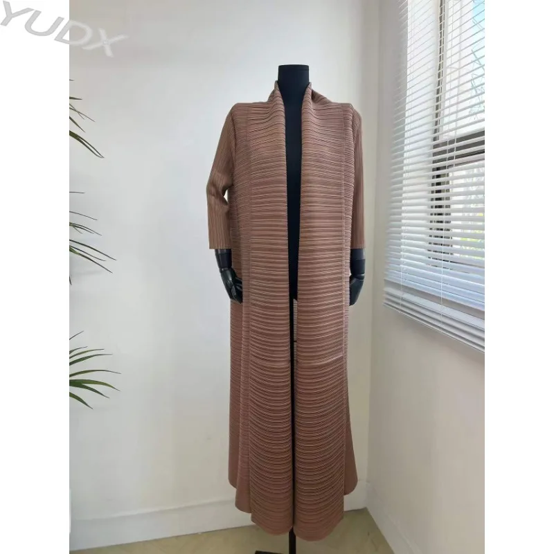 YUDX Miyake Pleated Long Coat 2023 Autumn New Long Cardigan Windbreaker Coat Solid Loose Large Lapel with Belt Women Coat Robe