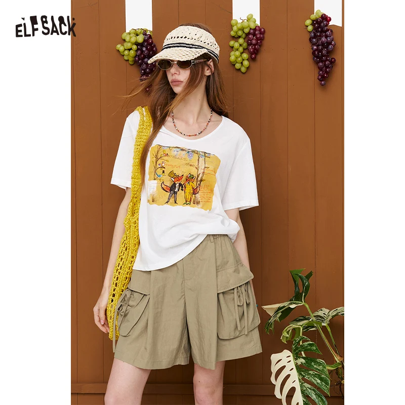 

ELFSACK Fox Print Oversized T-Shirt, White Short Sleeve Tee Casual Cartoon Graphic Top