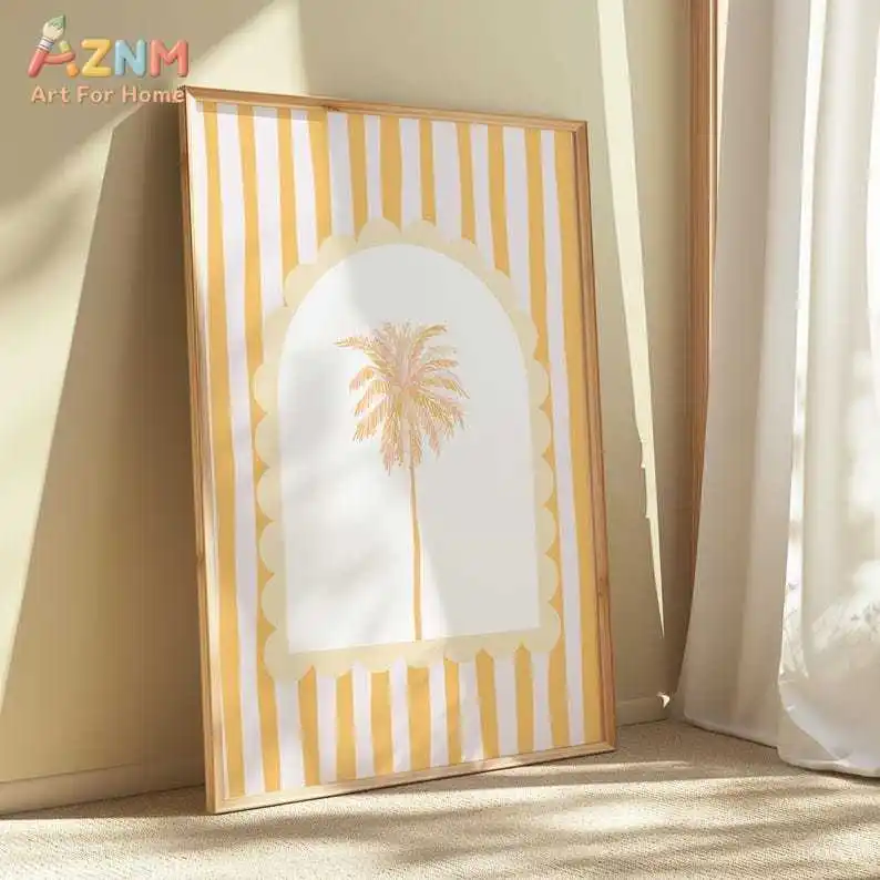 AZNM Yellow White Striped Arch Palm Tree Canvas Print Boho Neutral Tropical Minimalist Wall Poster Unframed Coastal Living Room