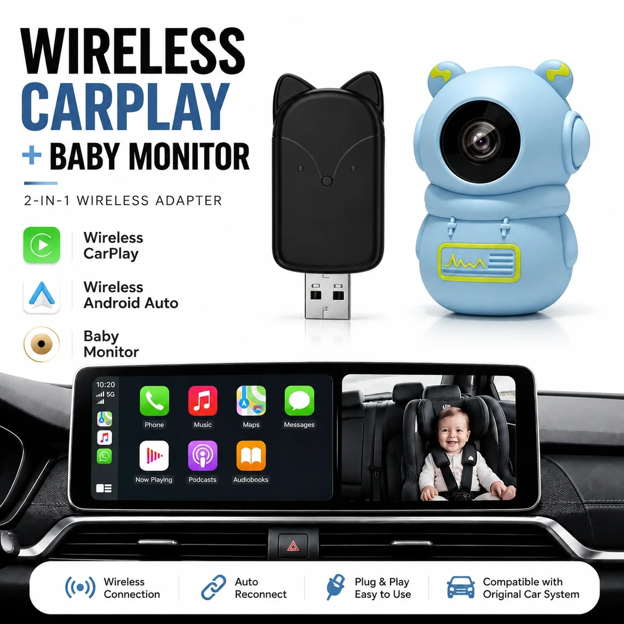 Baby Back Seat Camera 1080P 150° Wide Angle Night Vision Wireless Carplay Cabin Monitor Cute Cam for Infant Safety Easy Install