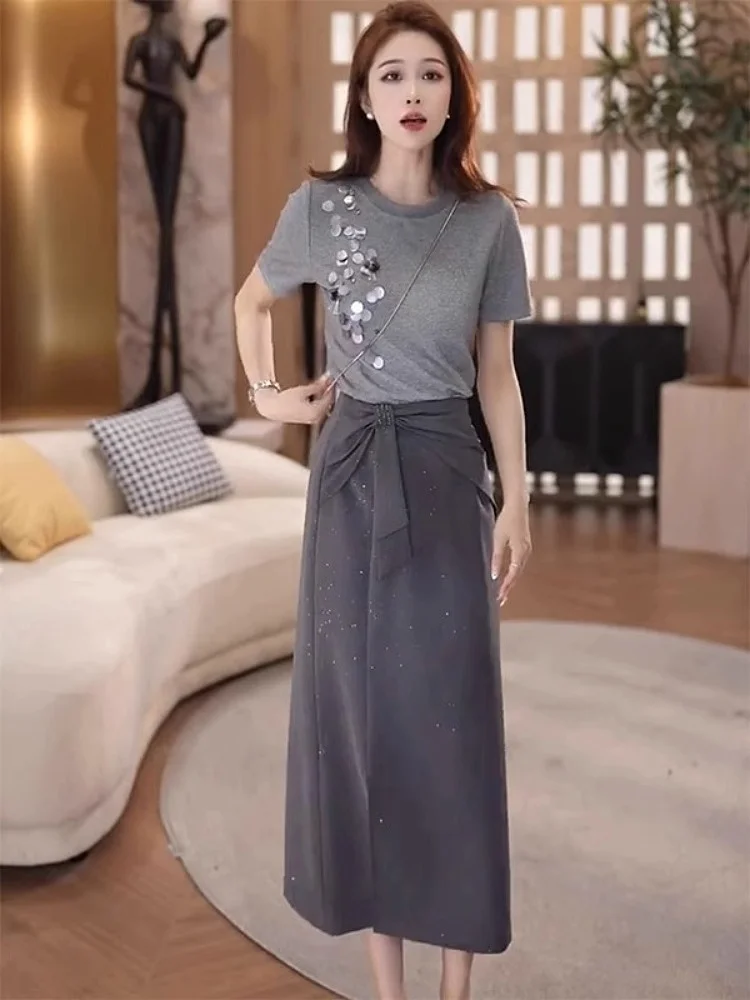 

Женская футболка с блестками ort Sve, роскошный американский топ на весну и лето, комплект из двух предметов Heavy Du Design Sense, круглый Ne