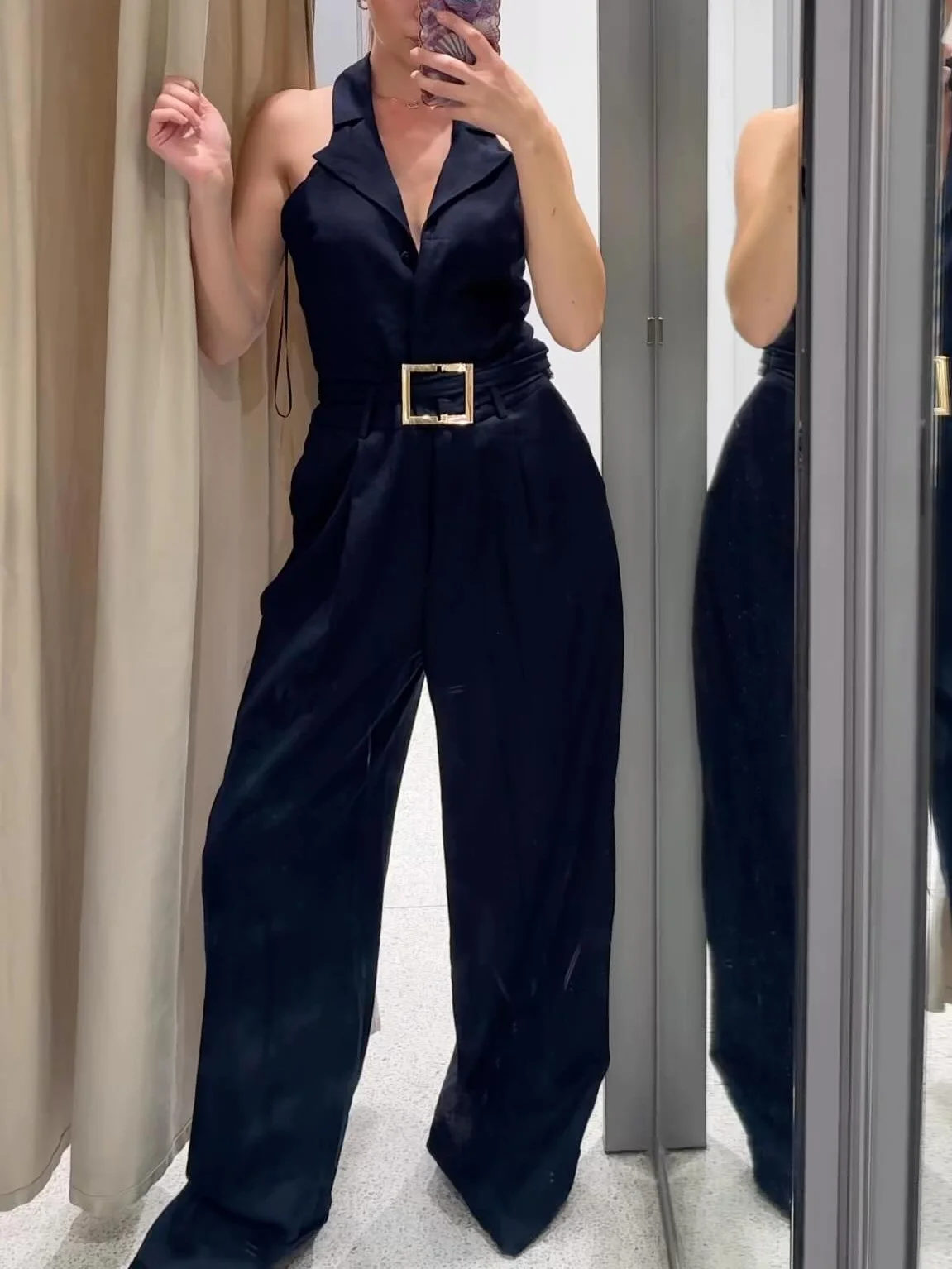 Women's Retro Fashion Linen Jumpsuit with Belt 2025 New High Waist Wide Leg Pants Commuter Casual Pants