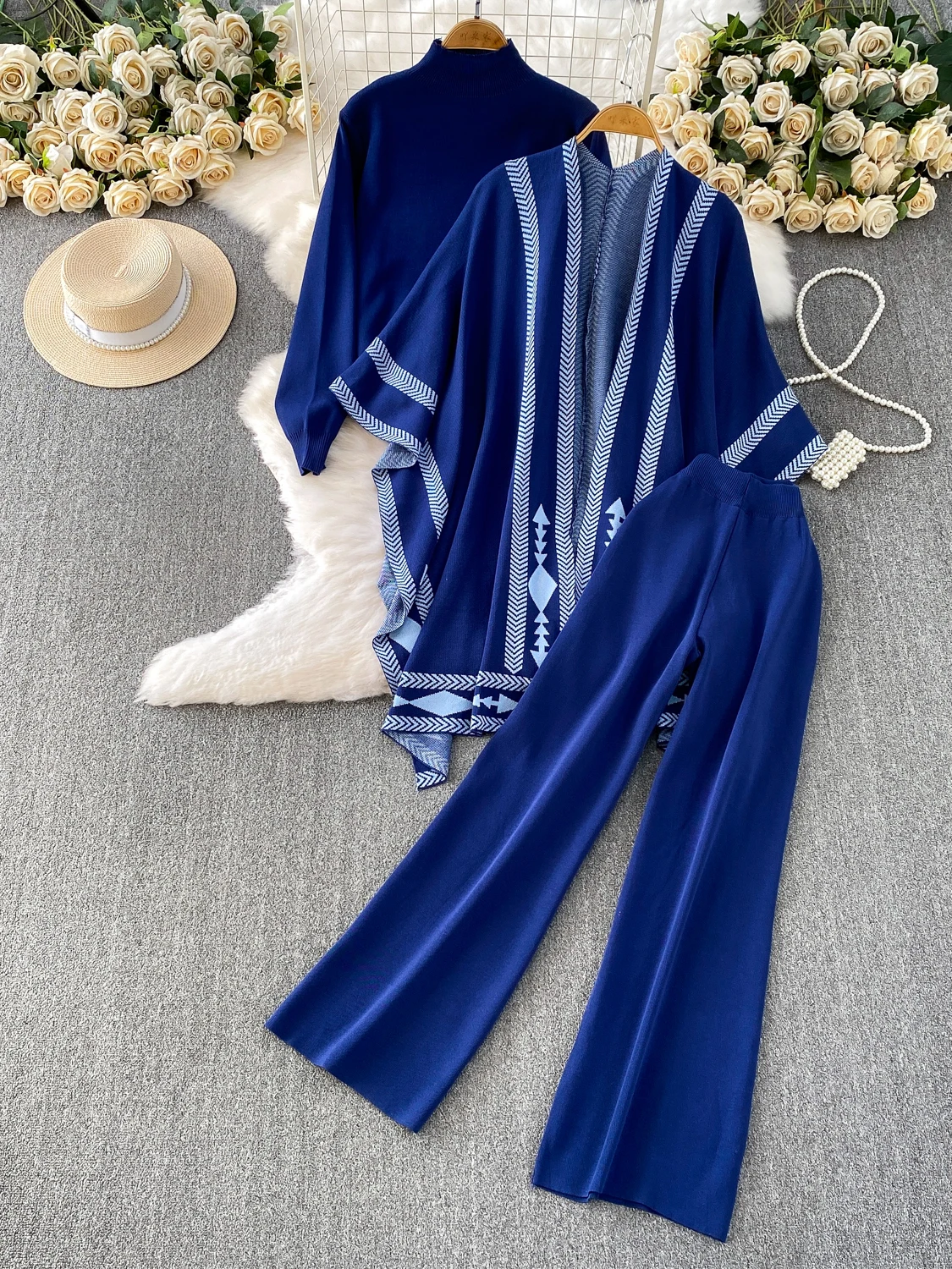 

Faionable Midi Striped Knitted Open Cardigan Coat Base irt Wide Leg Pants Tee Piece Set for Young Women Autumn Casual Wear