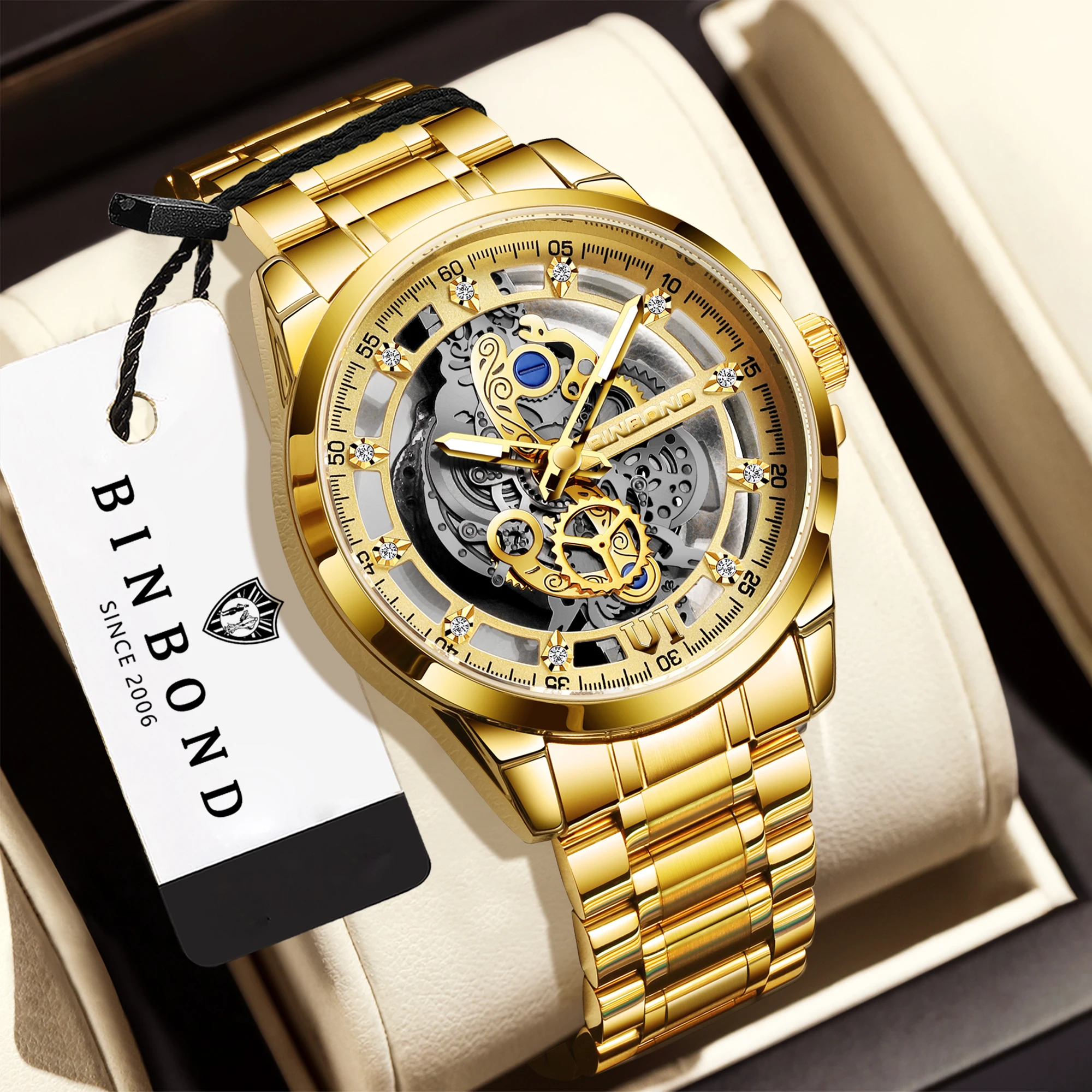 BINBOND Luxury Vintage Hollow-Out Quartz Wristwatch for Men Luminous Waterproof Accurate Durable Men's Watch Casual Reloj