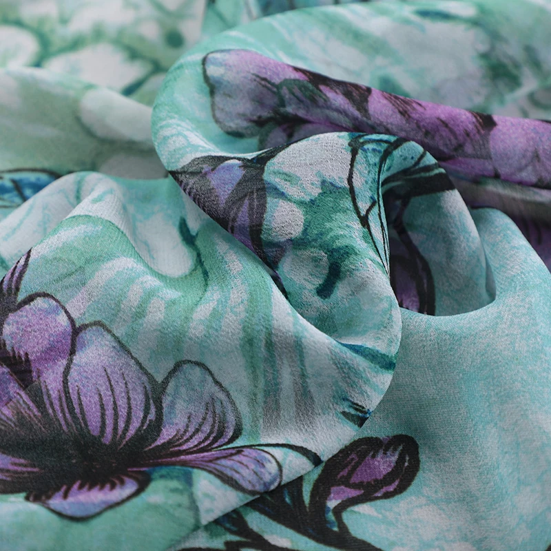 Georgette Silk Fabric for Summer Dresses, 140CM Wide Thin Soft Purple Floral Print on Blue Green Fabric 10MM Thickness R245