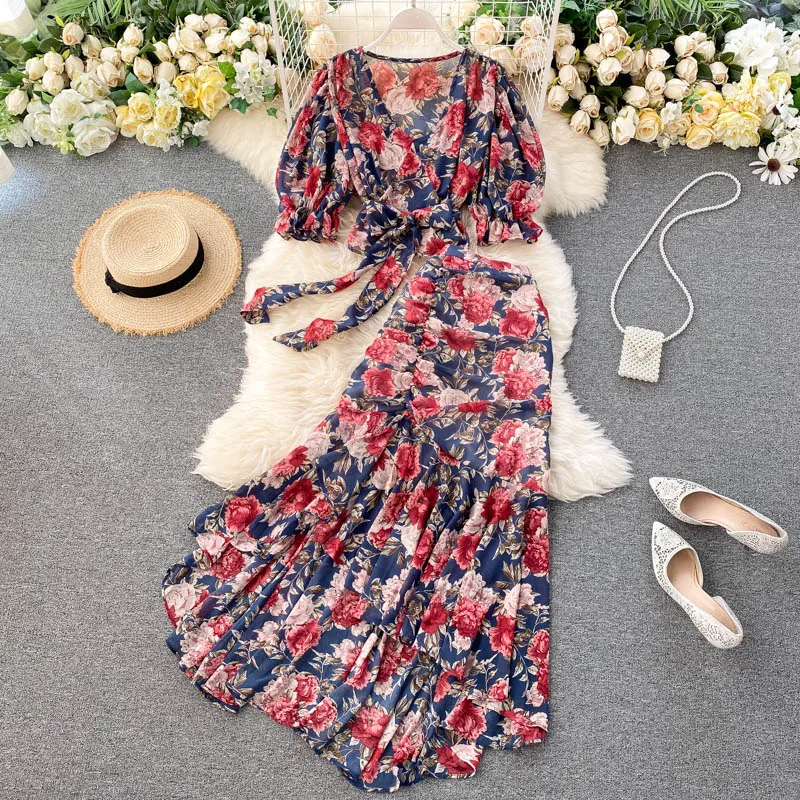 Sexy Two Pieces Sets Chic Bandage chiffon Shirt Top with sweet High Waist mermaid Skirt Beach Vacation Sets