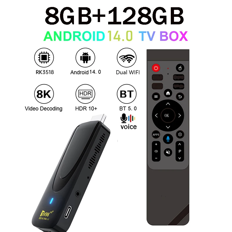 Ổ đĩa TV98 RK3518 8GB 128GB Android 14 thật RK3518 Quad Core 4G 5G WiFi6 HD 8K 4K máy chơi media thông minh BT5.0 điều khiển từ xa bằng giọng nói iptv
