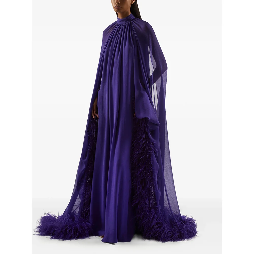 Simple Evening Dresses High Collar Feather Long Sleeves Evening Gowns Elegant Floor Length Prom Dresses Customized 2026