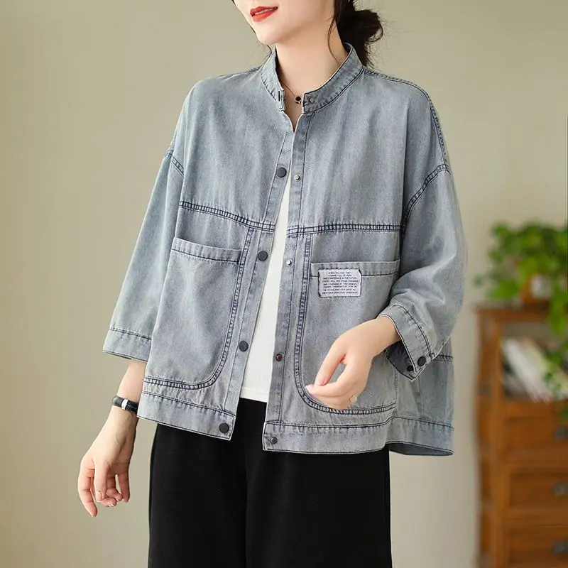 

Women Denim Jacket 2024 Spring Autumn New Stand collar Casual jeans Coat Ladies Vintage loose tooling Cowboy Outwear Female T186