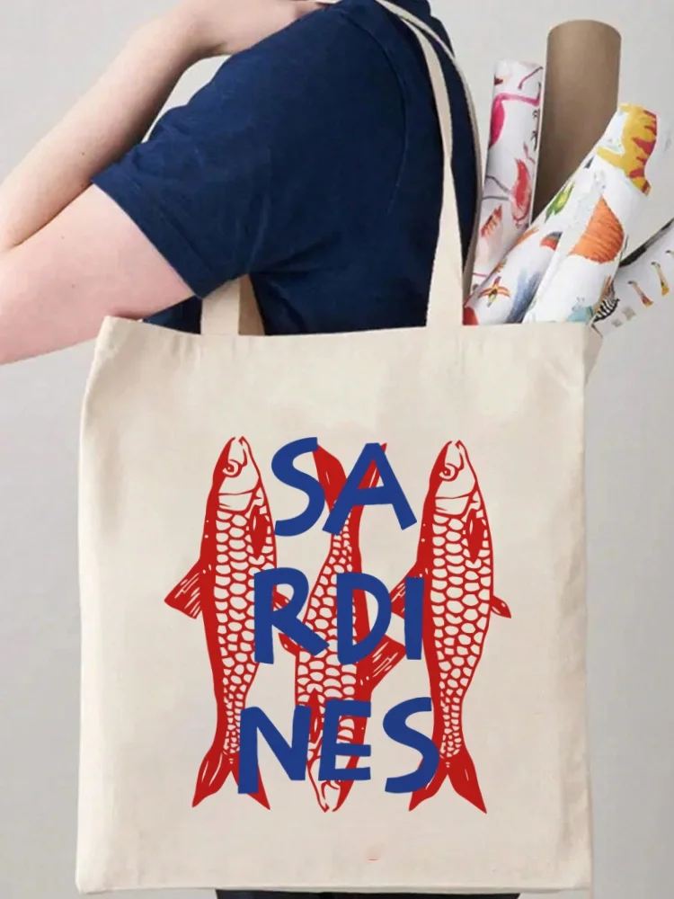 1pcs Vintage Sardines Printed Cartoon Pattern Casual Reusable Student Handbag Travel Trendy Street Canvas Bag Shopping Bag