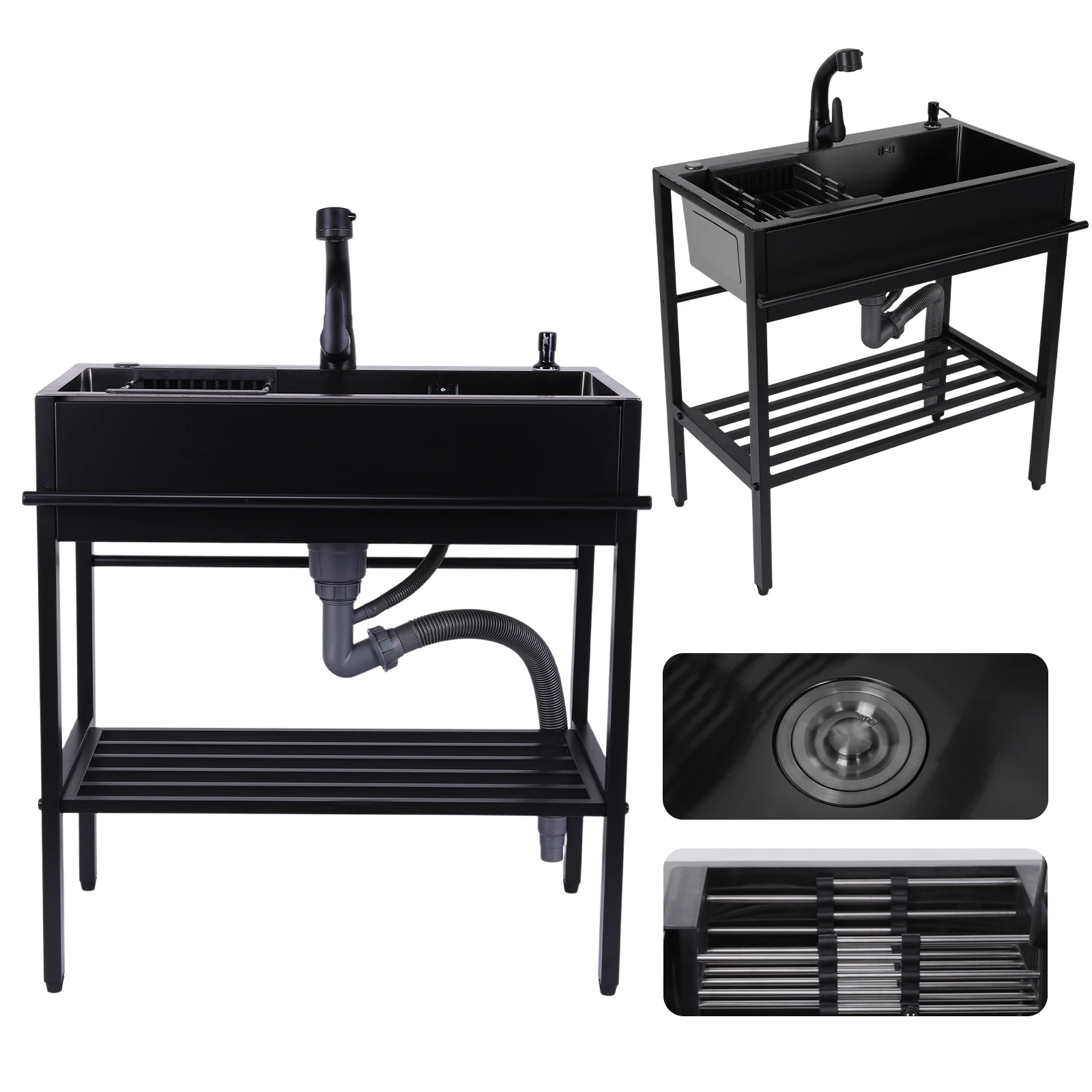 

Utility Sink with Cold & Hot Water Faucet Hoses and Drain Kit Single Bowl Kitchen Sink Stainless Steel Sink Laundry Sink