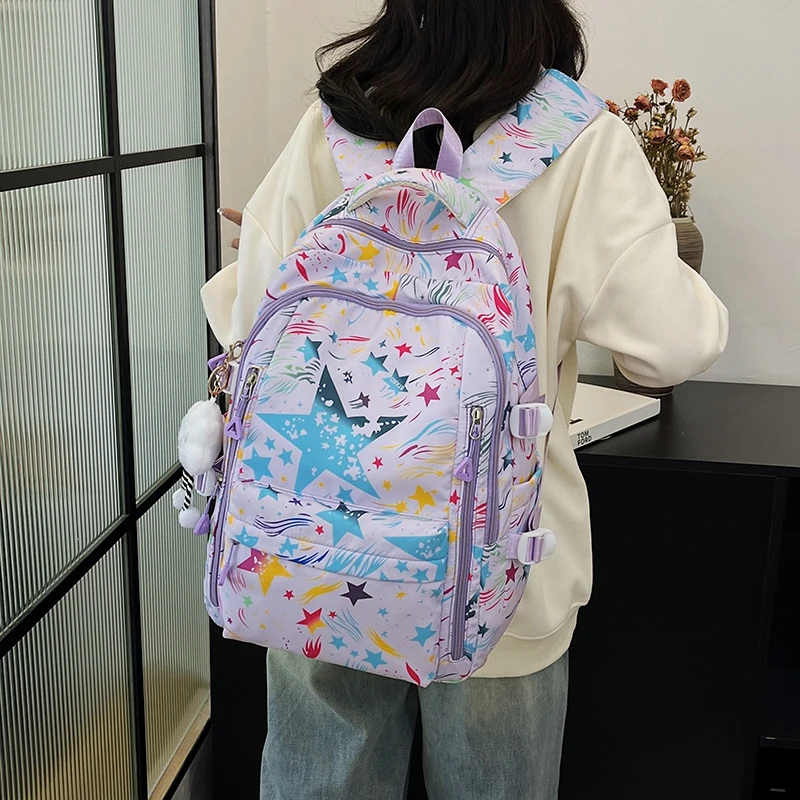 Classic Fashion Versatile Women's Graffiti Star Printed Nylon Cloth Student Book Storage Bags Outdoor Vacation Sports Backpack