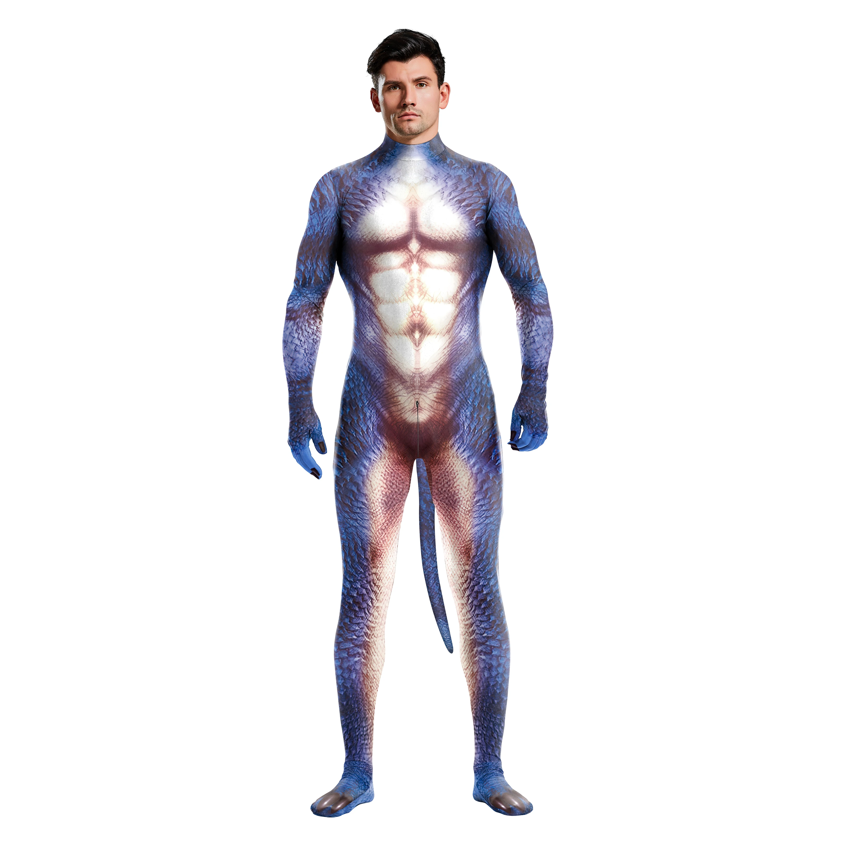 Halloween cosplay traje masculino adulto capa completa elástico zentai pet terno macacão impressão catsuit bodysuits com cauda purim roupas