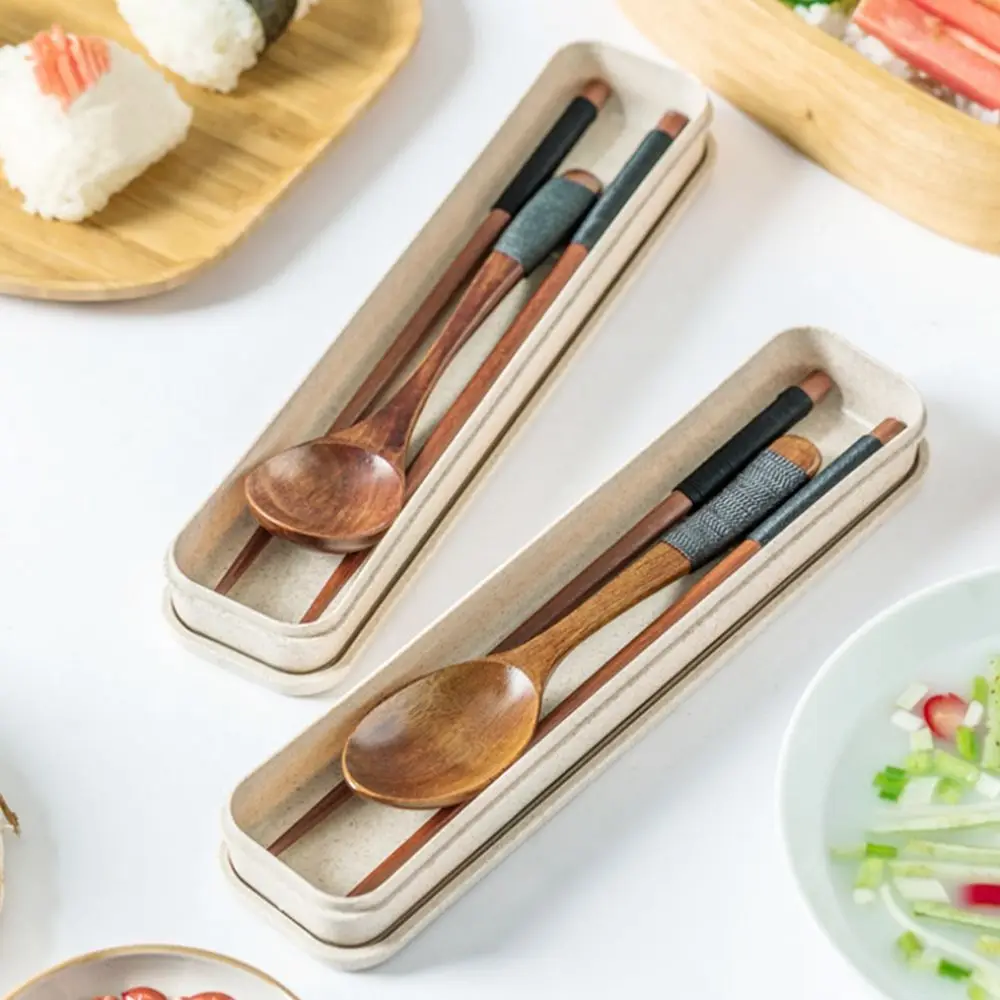 

Japanese-style Convenient Reusable With Box Tableware Travel Wooden Chopsticks Spoon Dinnerware Cutlery Set