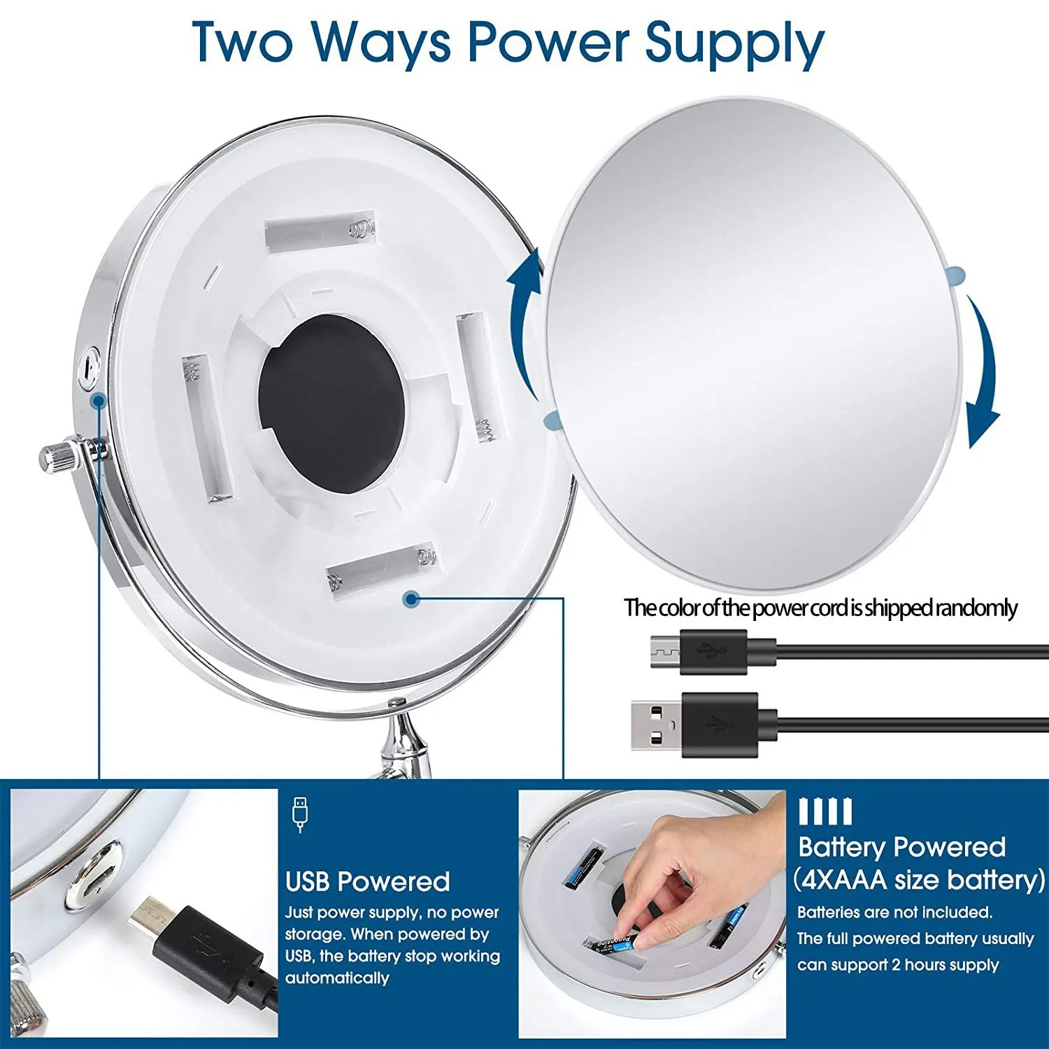 التكبير مرآة التجميل للحمام ، حمام مع قطب LED ، 1X ، 5X التكبير