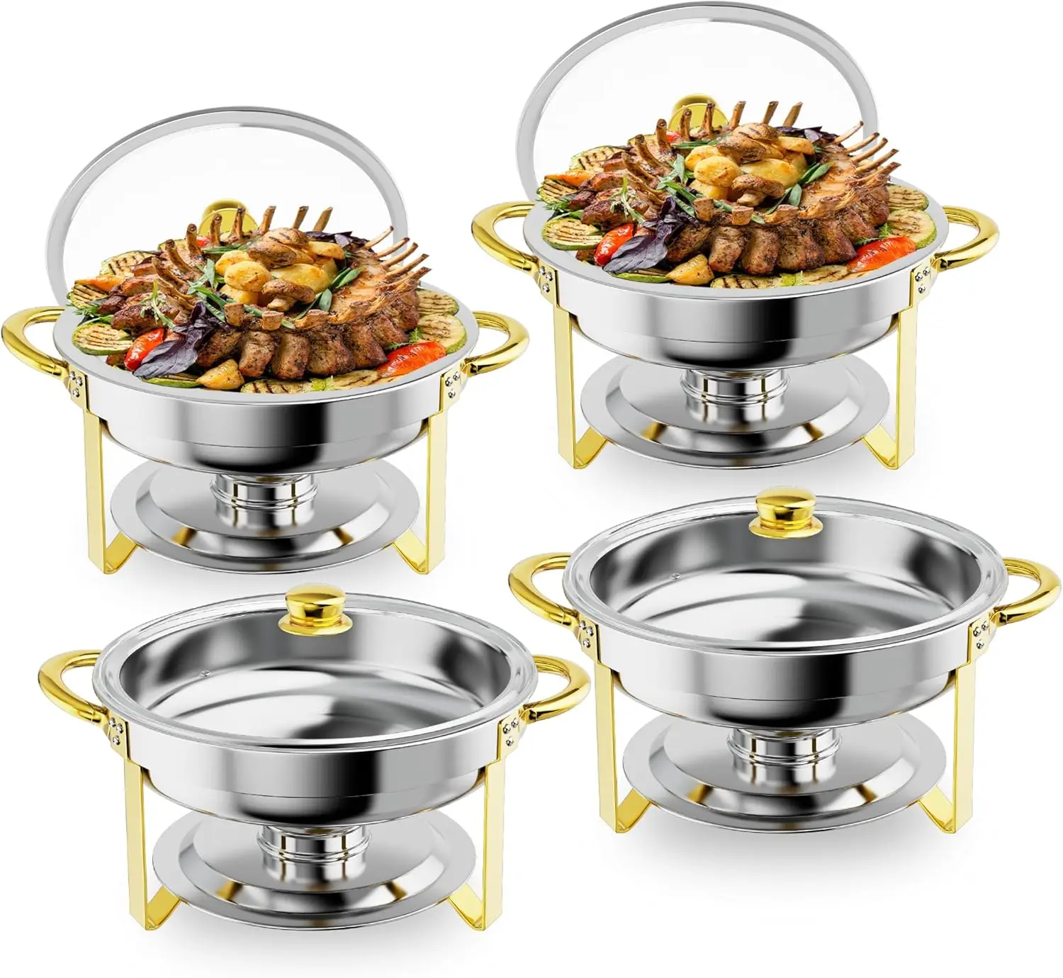 

Chafing Dish Buffet Set, Round Chafers and Buffet Warmers Sets 4 Pack, 5Qt Stainless Steel Chafing Dishes for Buffet