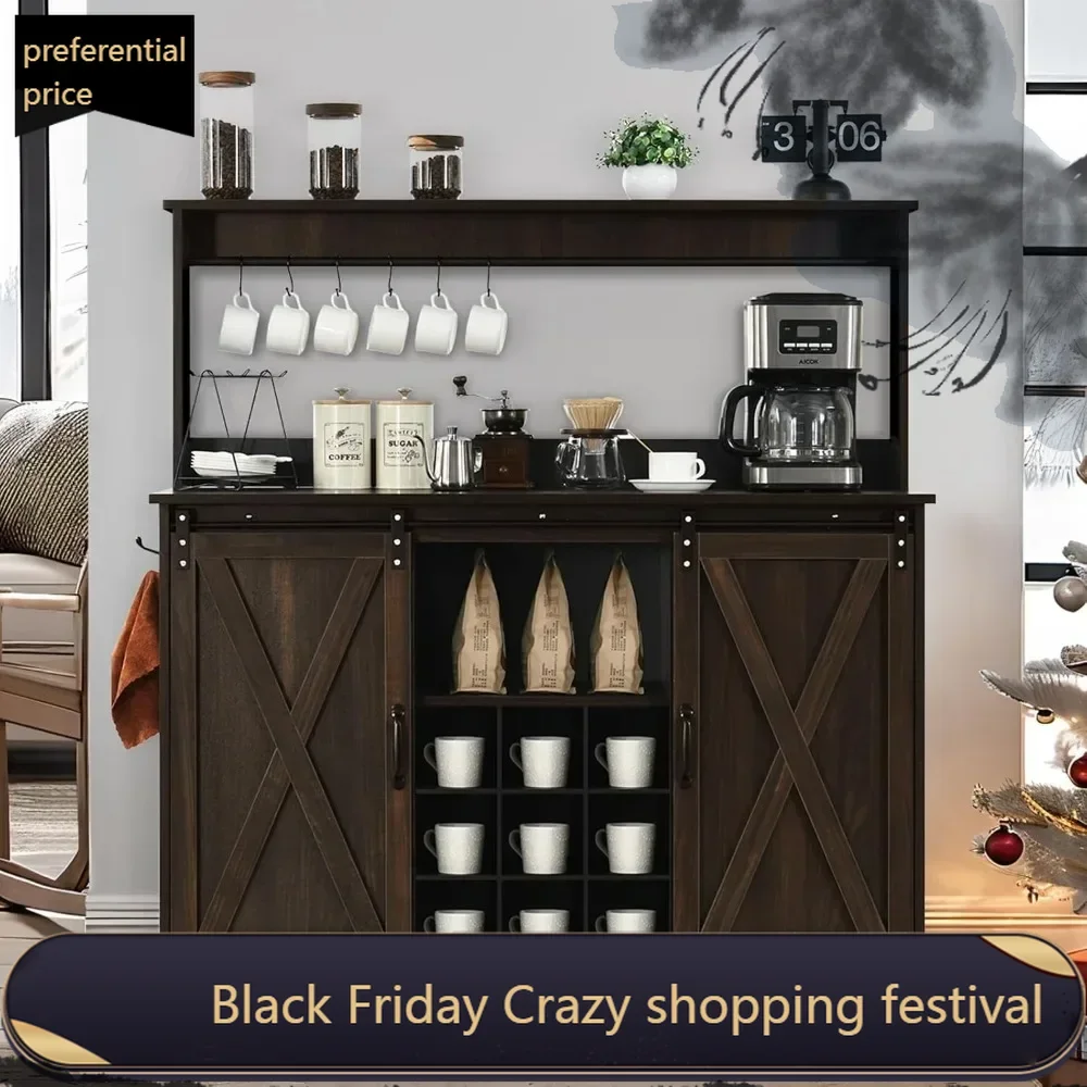 Farmhouse Coffee Bar Cabinet with 6 Hooks, 47 Inch Coffee Bar Hutch with 9 Wine Racks, Coffee Bar Table with Sliding Barn Door,