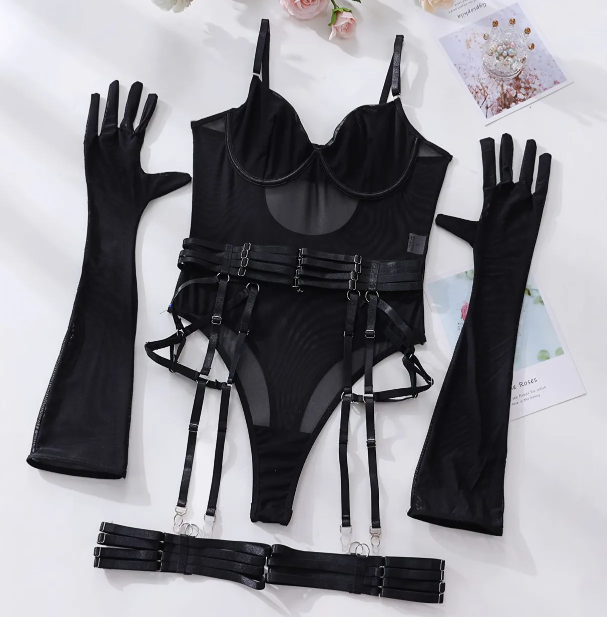 Women Sexy See-through Lingerie Babydoll Dress Set with Glove Lingerie Exotic Role Play Costume Erotic Garter Set Sexy Bodysuits