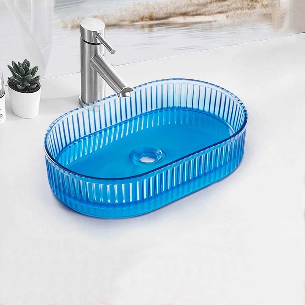 Blue Clear Vertical Fluted Oval Resin Vessel Sink Above Counter Bathroom Basin, Modern Luxury Transparent Resin Wash Sin  RS9092