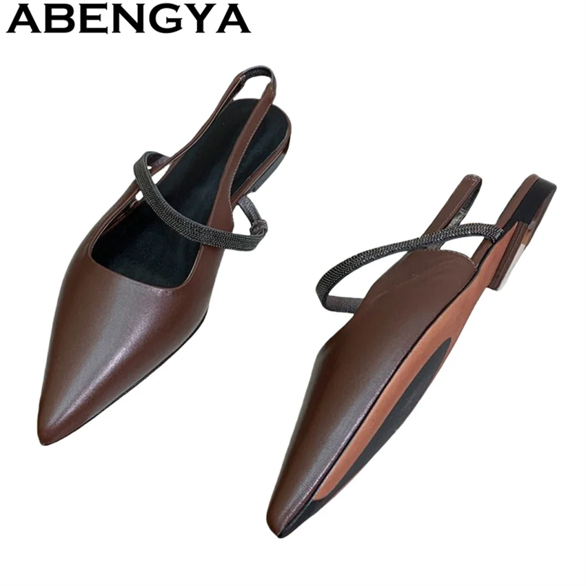 

ABENGYA сандалии на плоской подошве с острым носком, женские сандалии из натуральной кожи на низком каблуке с открытой пяткой, летняя модная обувь для деловых вечеринок Mujer