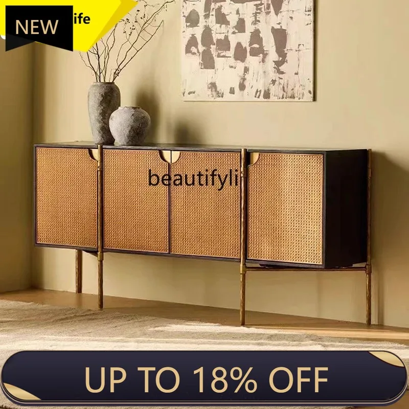 

P178 French Retro Solid Wood Entryway Rattan Storage Cabinet Forged Decorative Cabinet Designer Wabi-Sabi Style Vintage Sideboar