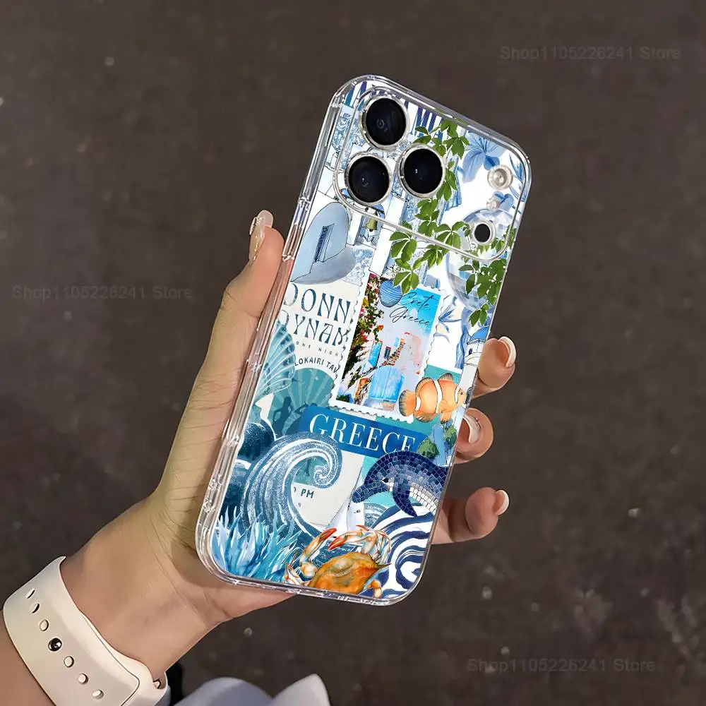 Blaue Kunst griechische Ägäis Handyhülle für iPhone 14,13,12,11,17,16,15,Pro,Max,Plus,X,XS,XR,SE,Mini transparente Softcover