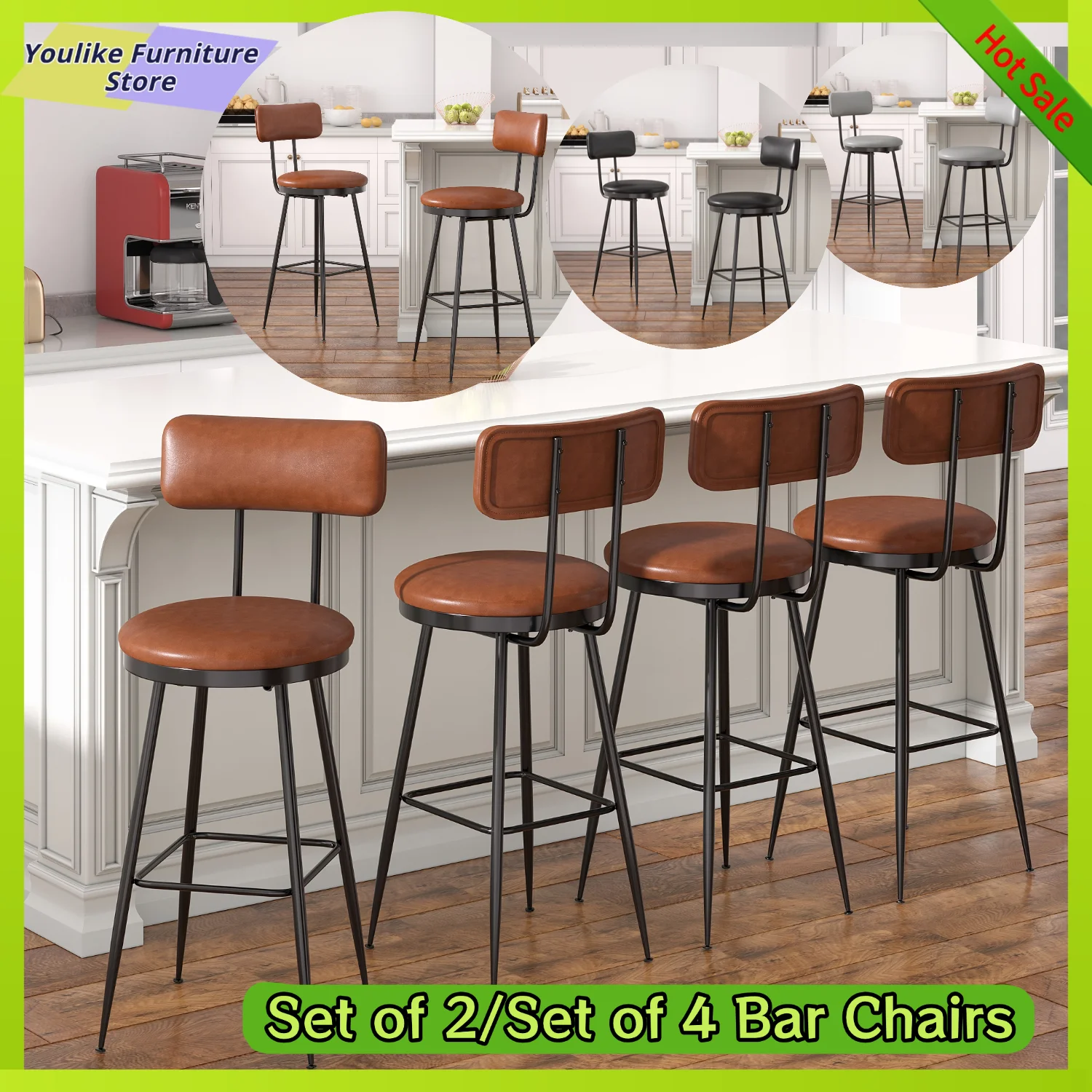 Comanlai 85 cm set di 2 sedie da bar con schienale alto, sgabelli da bar con gambe in metallo, seggiolone per bar, sedia da cucina, pelle PU