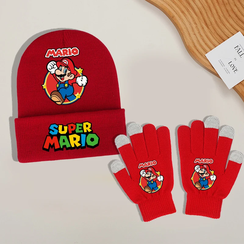 Super Mario Bro Handschuhe Strickmütze Anzug für Jungen Mädchen Anime Cartoon Niedliche Strickmützen Fäustlinge Set Kinder Winter Warme Accessoires