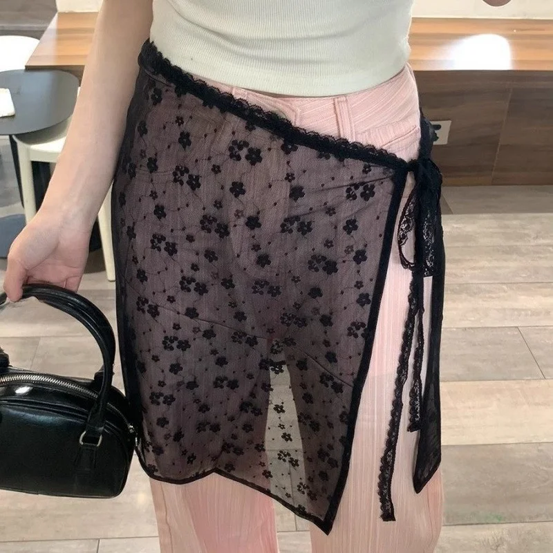 

Lace Skirt Cover up Women's f Skirt Apron Net Skirt Butt Covering ort Skirt Layering Silk Scarf Waist Tie Spring Faion