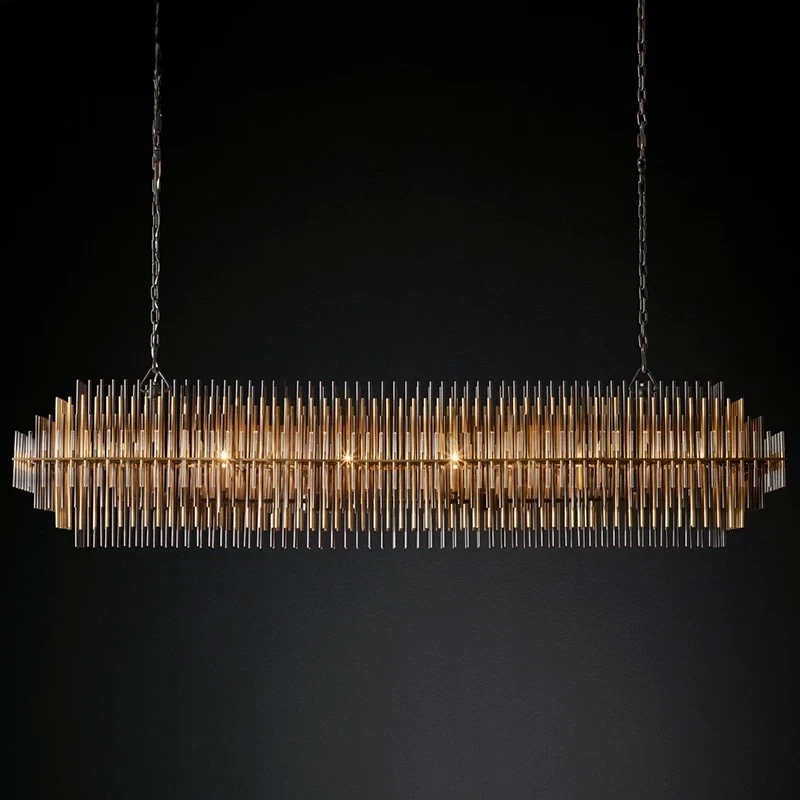 Modern Luxury Linear Chandelier Gold Metal Rod Tiered Pendant Light Rectangular Art Deco Hanging Lamp for Dining Room Kitchen