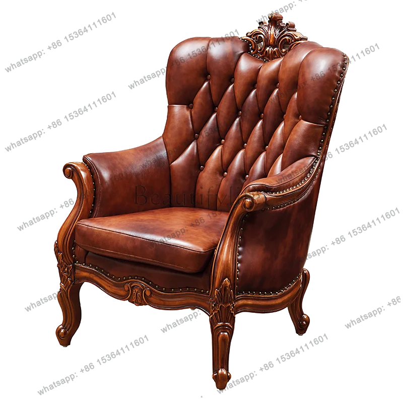 

American solid wood lounge chair, European retro leather lazy guest chair