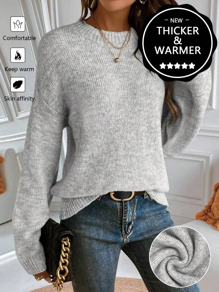 

Thickened Warm Crew Neck Knit Pullover Sweater - Loose Fit Long Sleeve Fall Winter Top