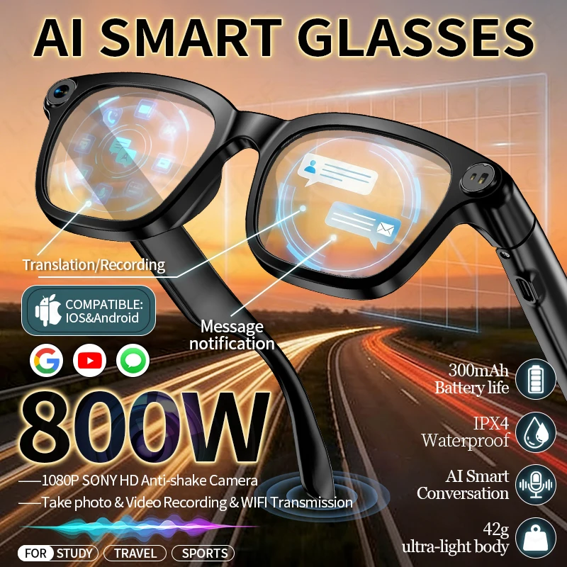 

Умные очки LIGE с AI-камерой 800W HD, видео 1080P, переводом на 100+ языков, передачей данных по Wi-Fi, Bluetooth-звонками, для мужчин и женщин.