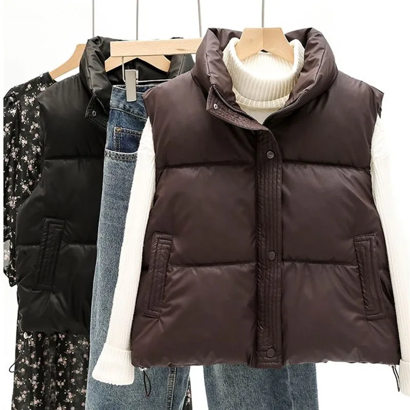 PU Leather Jacket Women Autumn Winter 2025 New Down Cotton Vest Coat Korean Loose Short Sleeveless Jacket Collar Waistcoat Lady