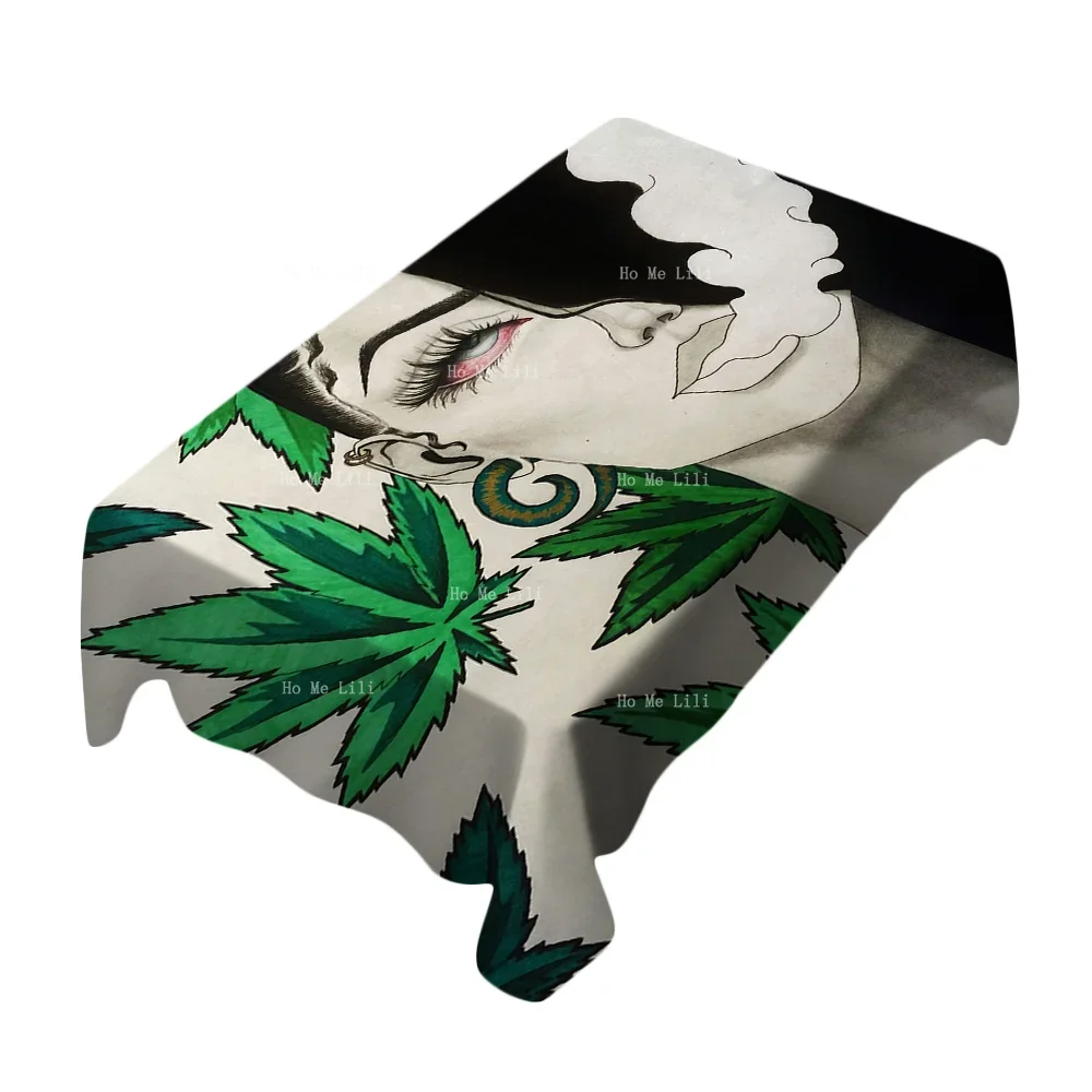 Black Girl Female Smoking Psychedelic Weed Green Leaf Filled Tablecloth By Ho Me Lili For Tabletop Decor