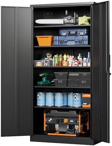 Metal Garage Storage Cabinets with Lock-72 Tall Tool Organizer Steel Lockers, 5 Adjustable Layers Shelves for
