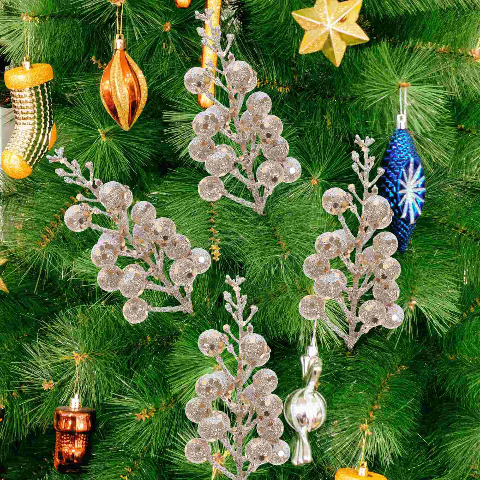 10 Pcs Christmas Decorations Imitation Berries Fake Berry Stem Glitter Artificial Spray Silver for Christmas Tree