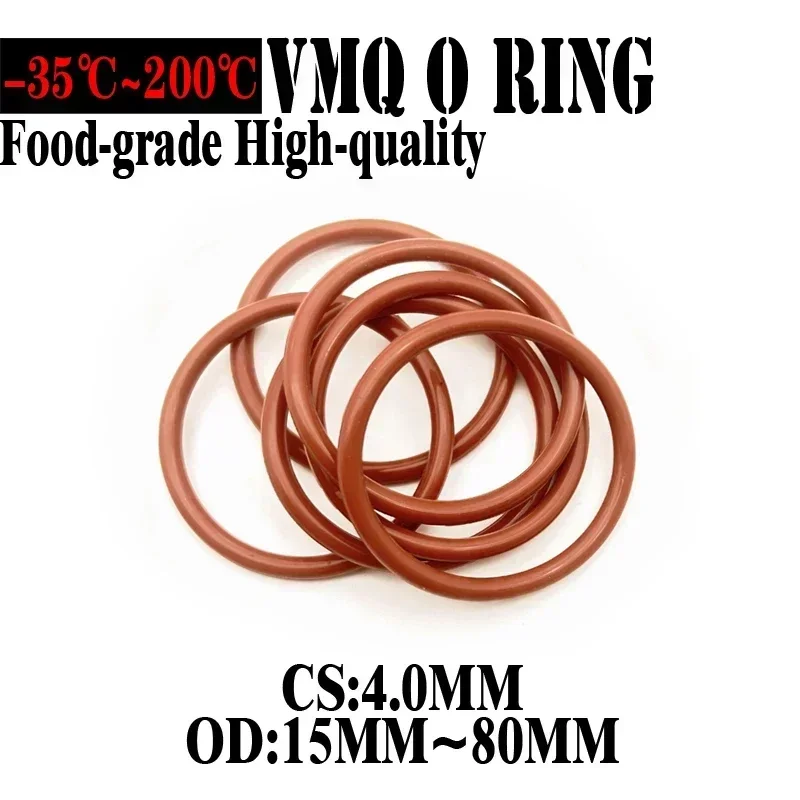 50pcs Red VMQ Silicone O Ring CS 4mm OD 15mm ~ 80mm FoodGrade Waterproof Washer Rubber Insulated Round Shape Seal Gasket