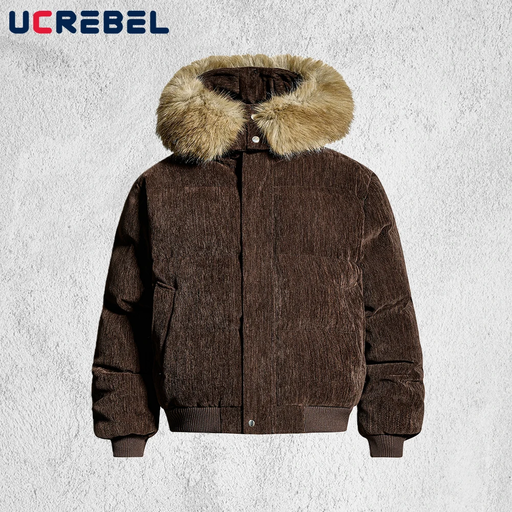 

Retro Fur Collar Hooded Padded Jacket Mens Solid Color Winter Thick High Street Loose Long Sleeve Padded Jacket Man