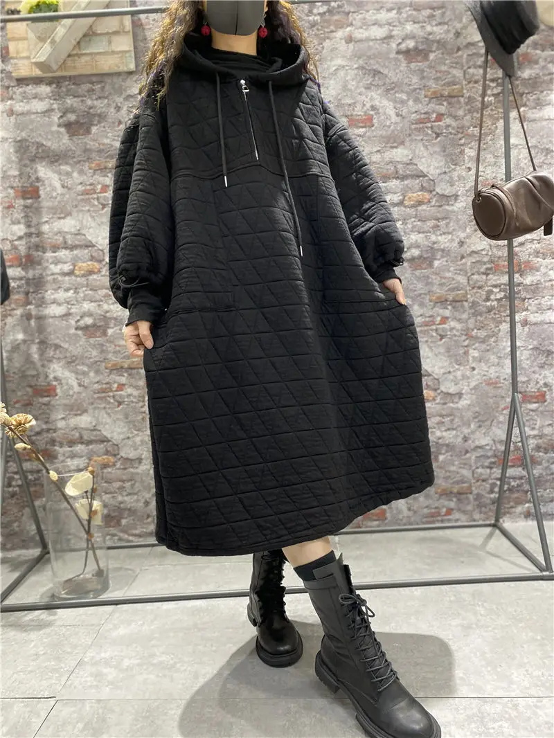 Oversized Women\'s Clothes Autumn And Winter Loose Lazy Cotton Padded Sweatshirt Dress Warm Rhombic Hoodie Quilted Jacket T1501