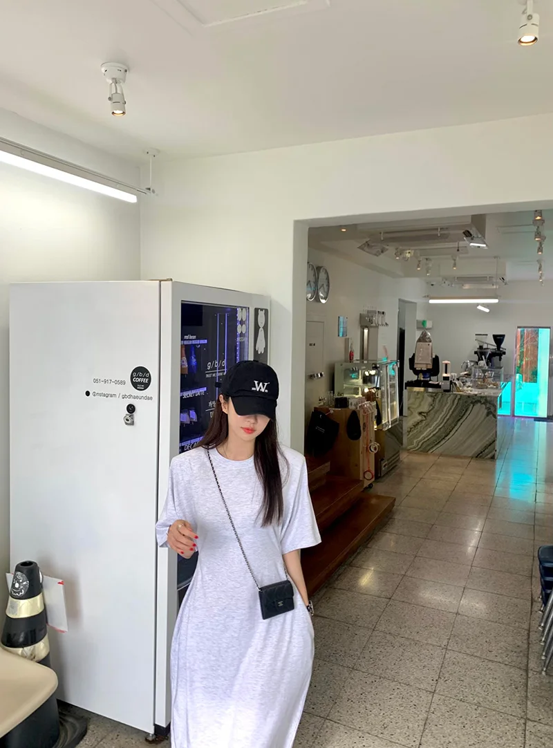 Chic ample femmes T-shirt Dr rond Ne côté bouton taille cintrée jupe longue coréen Sle taille haute coton été Dr