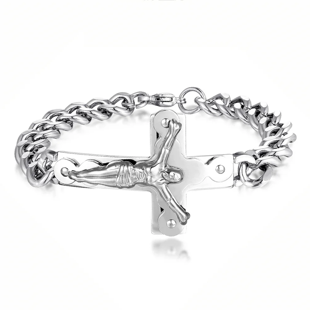 Punk Kruzifix Jesus Kreuz Charm Armband männlich Silber Farbe Edelstahl kubanische Hand kette für Männer Mode Party Schmuck Geschenk