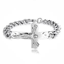 Punk Crucifix Jesus Cross Charm Bracelet Male Silver Color Stainless Steel Cuban Hand Chain For Men Fashion Party Jewelry Gift